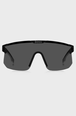 Black mask-style sunglasses with branded temples and bridge, Black