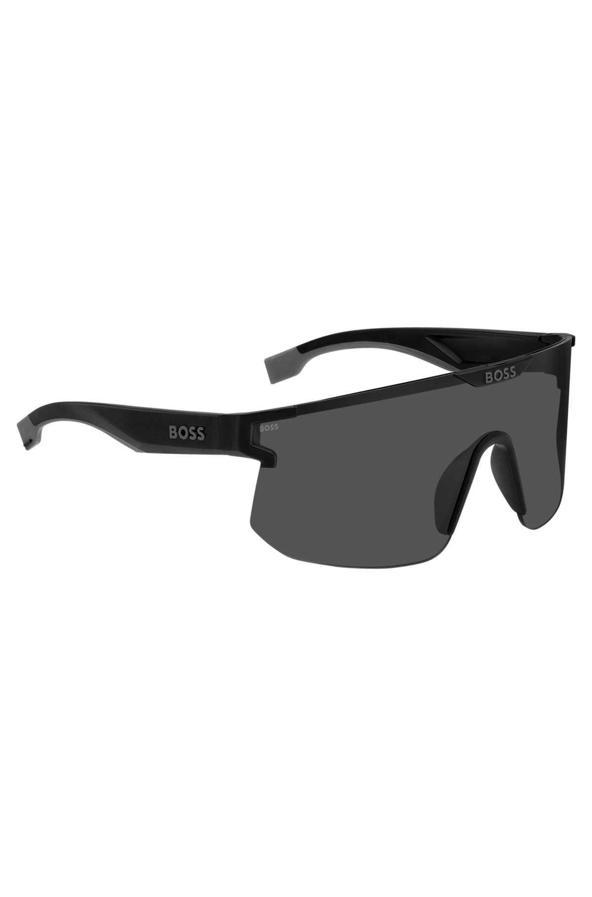 Schwarze Mask-Sonnenbrille mit Logos an Bügeln und Steg, Schwarz