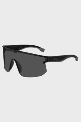 Black mask-style sunglasses with branded temples and bridge, Black