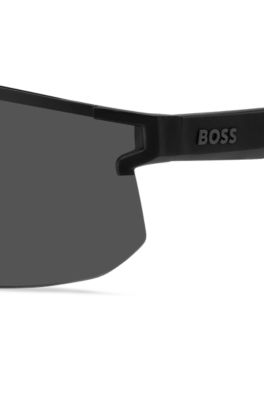 Black mask-style sunglasses with branded temples and bridge, Black