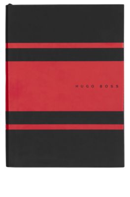 A5 notebook in faux leather with red stripes, Black / Red