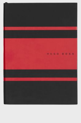 A5 notebook in faux leather with red stripes, Black / Red