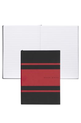 A5 notebook in faux leather with red stripes, Black / Red
