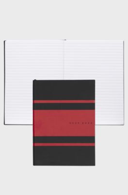 A5 notebook in faux leather with red stripes, Black / Red