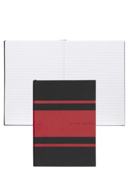 A5 notebook in faux leather with red stripes, Black / Red