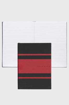 A5 notebook in faux leather with red stripes, Black / Red