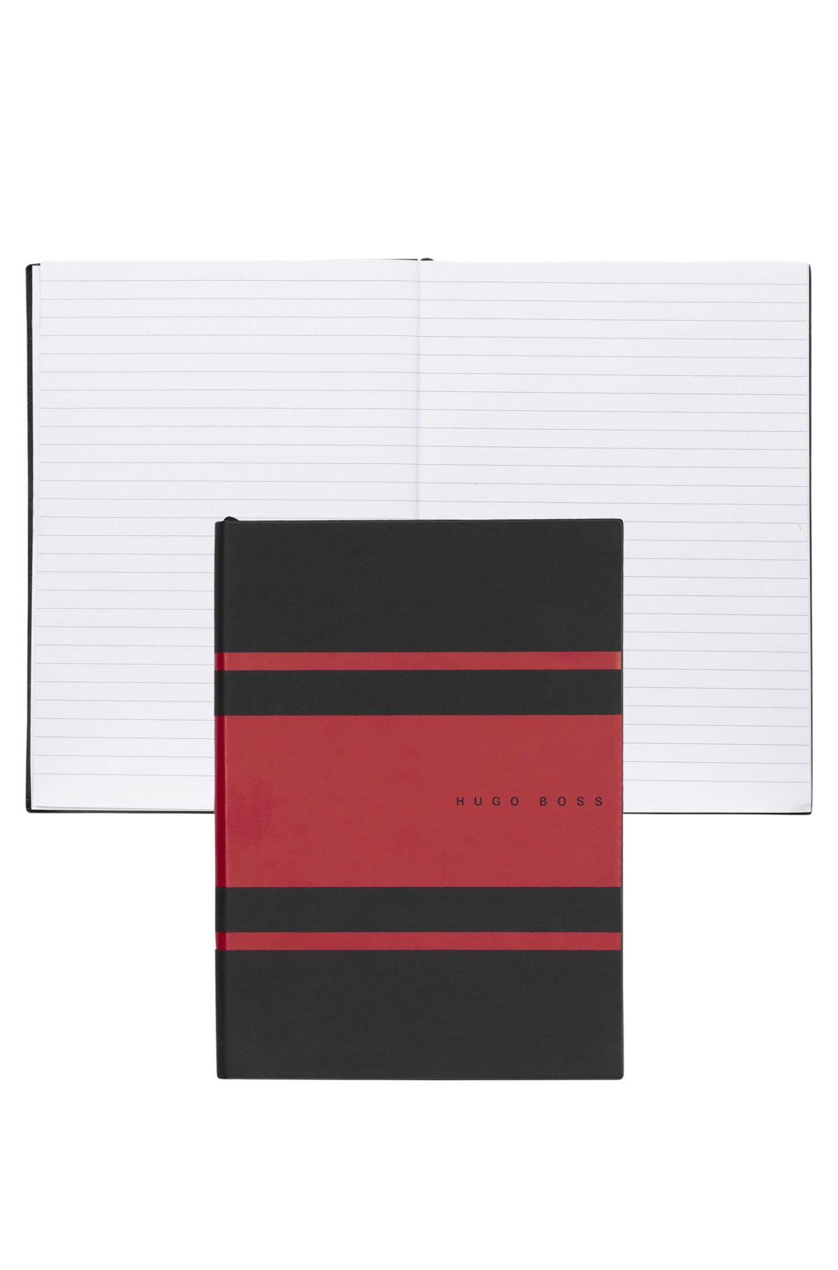 A5 notebook in faux leather with red stripes, Black / Red