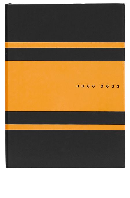 A5 notebook in faux leather with yellow stripes, Black / Yellow