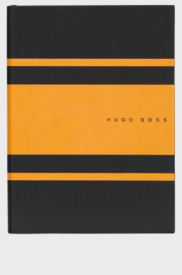 A5 notebook in faux leather with yellow stripes, Black / Yellow