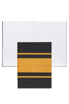 Carnet&nbsp;A5 en similicuir &agrave; rayures jaunes, Noir / Jaune