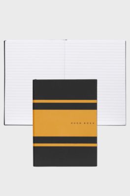 A5 notebook in faux leather with yellow stripes, Black / Yellow