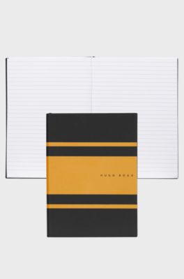 A5 notebook in faux leather with yellow stripes, Black / Yellow