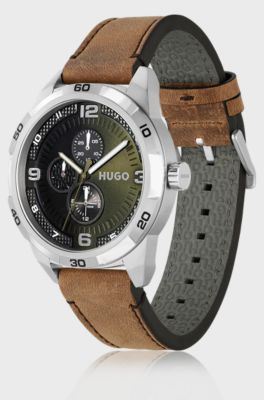 Olive-dial watch with leather strap, Brown