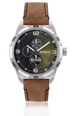 Olive-dial watch with leather strap, Brown