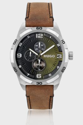 Olive-dial watch with leather strap, Brown