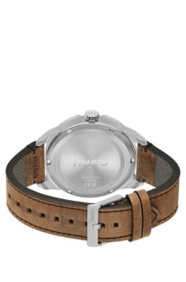 Olive-dial watch with leather strap, Brown