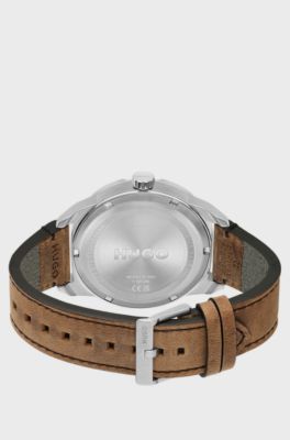 Olive-dial watch with leather strap, Brown
