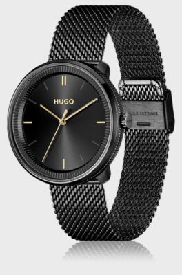 Black-dial watch with leather strap and mesh bracelet, Black
