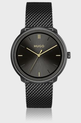 Black-dial watch with leather strap and mesh bracelet, Black
