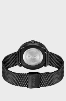 Black-dial watch with leather strap and mesh bracelet, Black