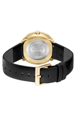 Gold-effect watch with mesh bracelet and leather strap, Gold