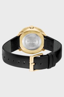 Gold-effect watch with mesh bracelet and leather strap, Gold