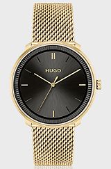 Gold-effect watch with mesh bracelet and leather strap, Gold