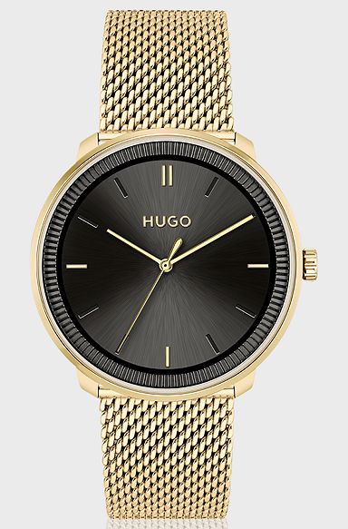 Gold-effect watch with mesh bracelet and leather strap, Gold