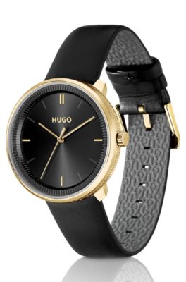 Gold-effect watch with mesh bracelet and leather strap, Gold