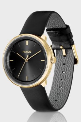 Gold-effect watch with mesh bracelet and leather strap, Gold