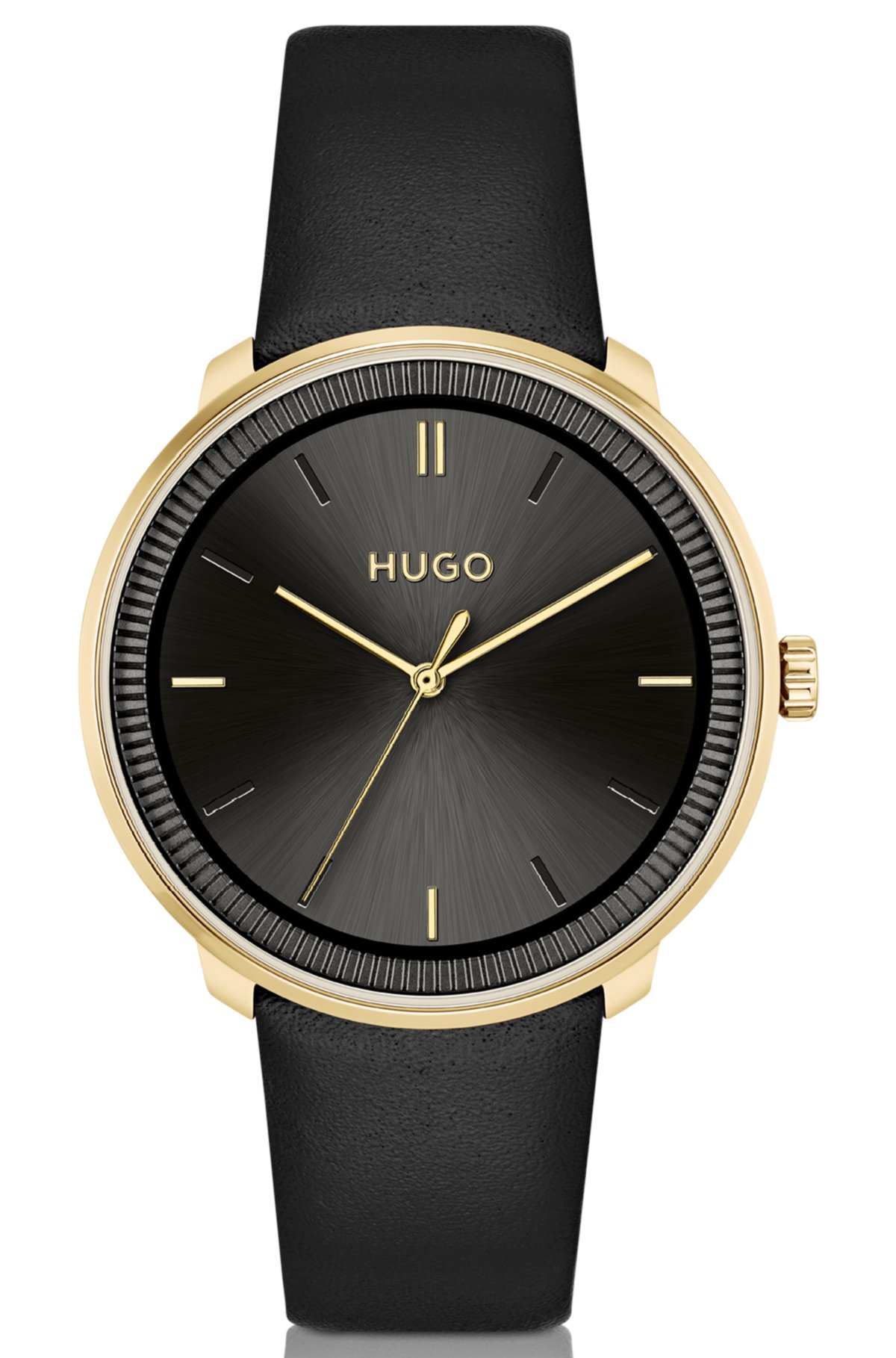 HUGO - Gold-effect watch with mesh bracelet and leather strap