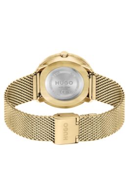 Gold-effect watch with mesh bracelet and leather strap, Gold
