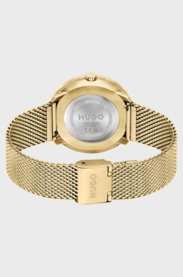 Gold-effect watch with mesh bracelet and leather strap, Gold