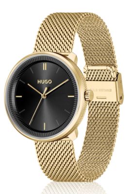 Gold-effect watch with mesh bracelet and leather strap, Gold