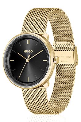 HUGO - Gold-effect watch with mesh bracelet and leather strap