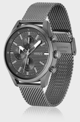 Grey-plated watch with mesh bracelet, Silver