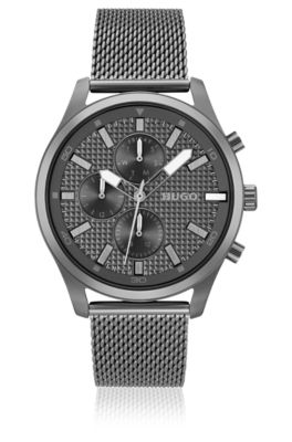 Grey-plated watch with mesh bracelet, Silver