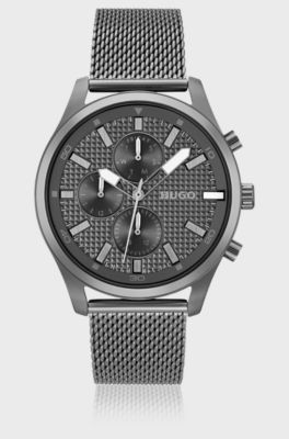 Grey-plated watch with mesh bracelet, Silver