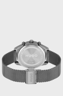 Grey-plated watch with mesh bracelet, Silver