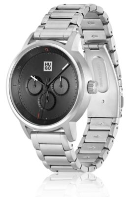 Link-bracelet watch with black dial, Silver