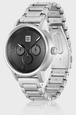 Link-bracelet watch with black dial, Silver