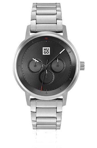 Link-bracelet watch with black dial, Silver