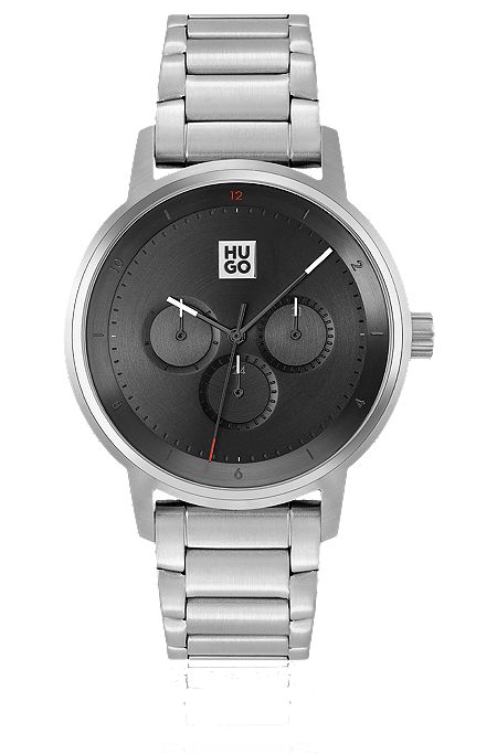 Link-bracelet watch with black dial, Silver