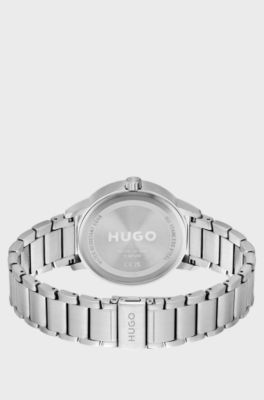 Link-bracelet watch with black dial, Silver