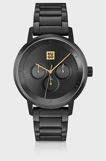 Black-plated watch with stacked-logo dial, Black