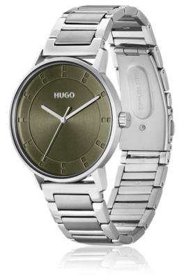 Link-bracelet watch with olive dial, Silver