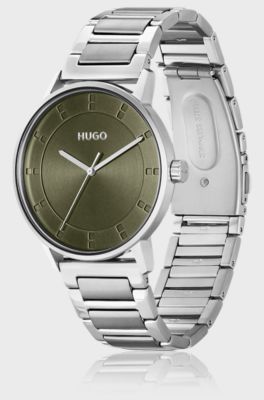 Link-bracelet watch with olive dial, Silver