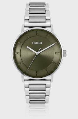 Link-bracelet watch with olive dial, Silver