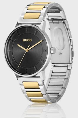 Black-dial watch with two-tone link bracelet, Gold