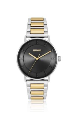 Montre avec cadran noir et bracelet &agrave; maillons, Or